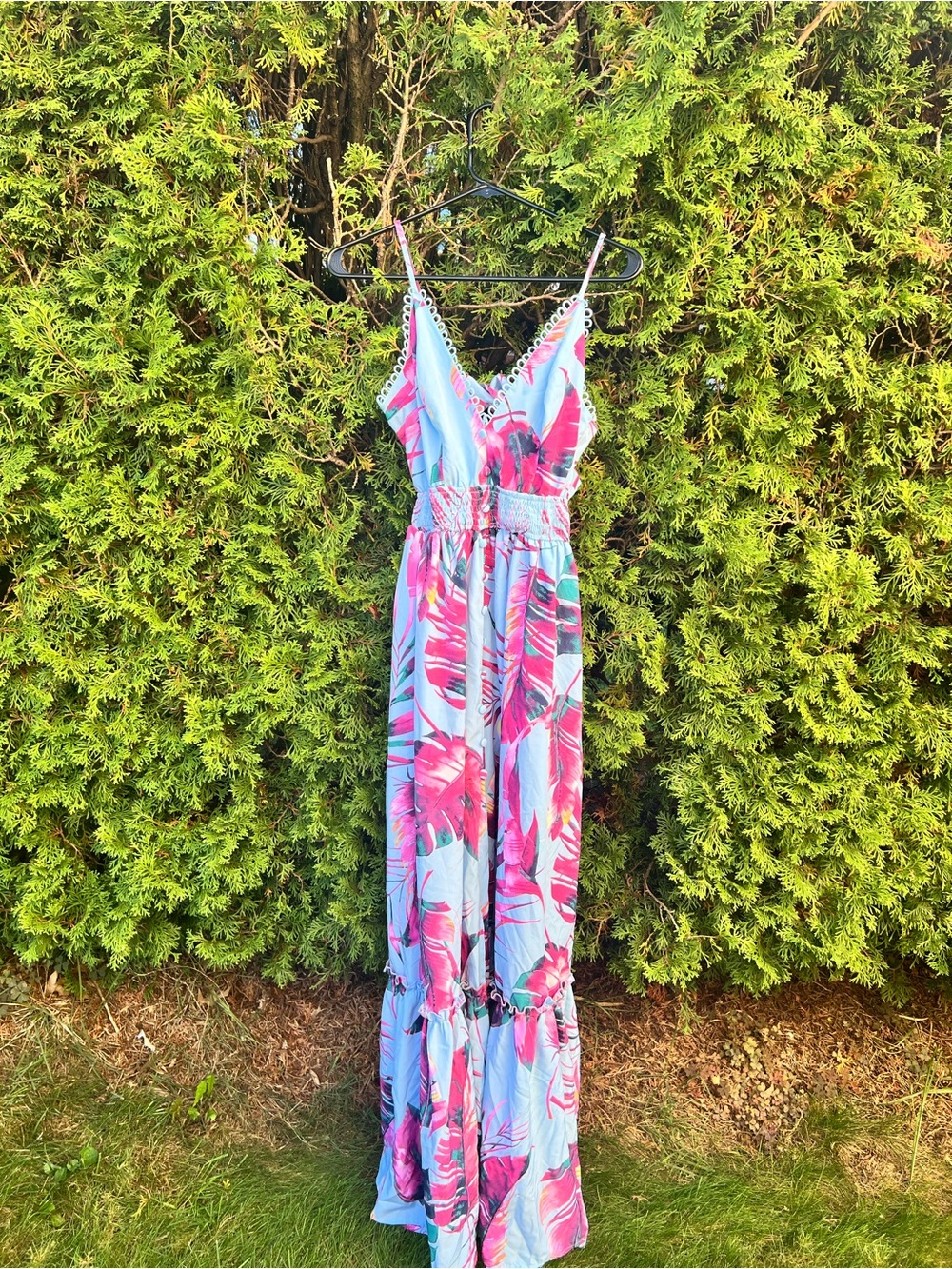 Miss Avenue Pink and Light Blue Tropical Floral Maxi Dress